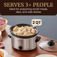 Maxi-Matic MST-275XS Electric Oval Slow Cooker, 2 Qt, Stainless Steel | Adjustable Temp, Dishwasher-Safe Glass Lid & Crock - Great for Entrees, Sauces, Stews & Dips
