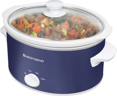 West Bend Slow Cooker 4-Quart Manual Crockery Style with Dishwasher Safe Oval Ceramic Crockpot and Glass Lid Two Temperature Settings Plus Keep Warm, 210-Watts, Navy