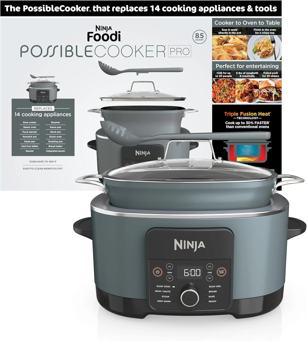 Ninja® PossibleCooker™ PRO 14-in-1, 8.5-qt, Sea Salt Gray, MC1001 | 14-in-1 replaces 14 appliances, Triple Fusion Heat®, slow cook, sauté, roast & steam, nonstick oven-safe pot to 500°F.