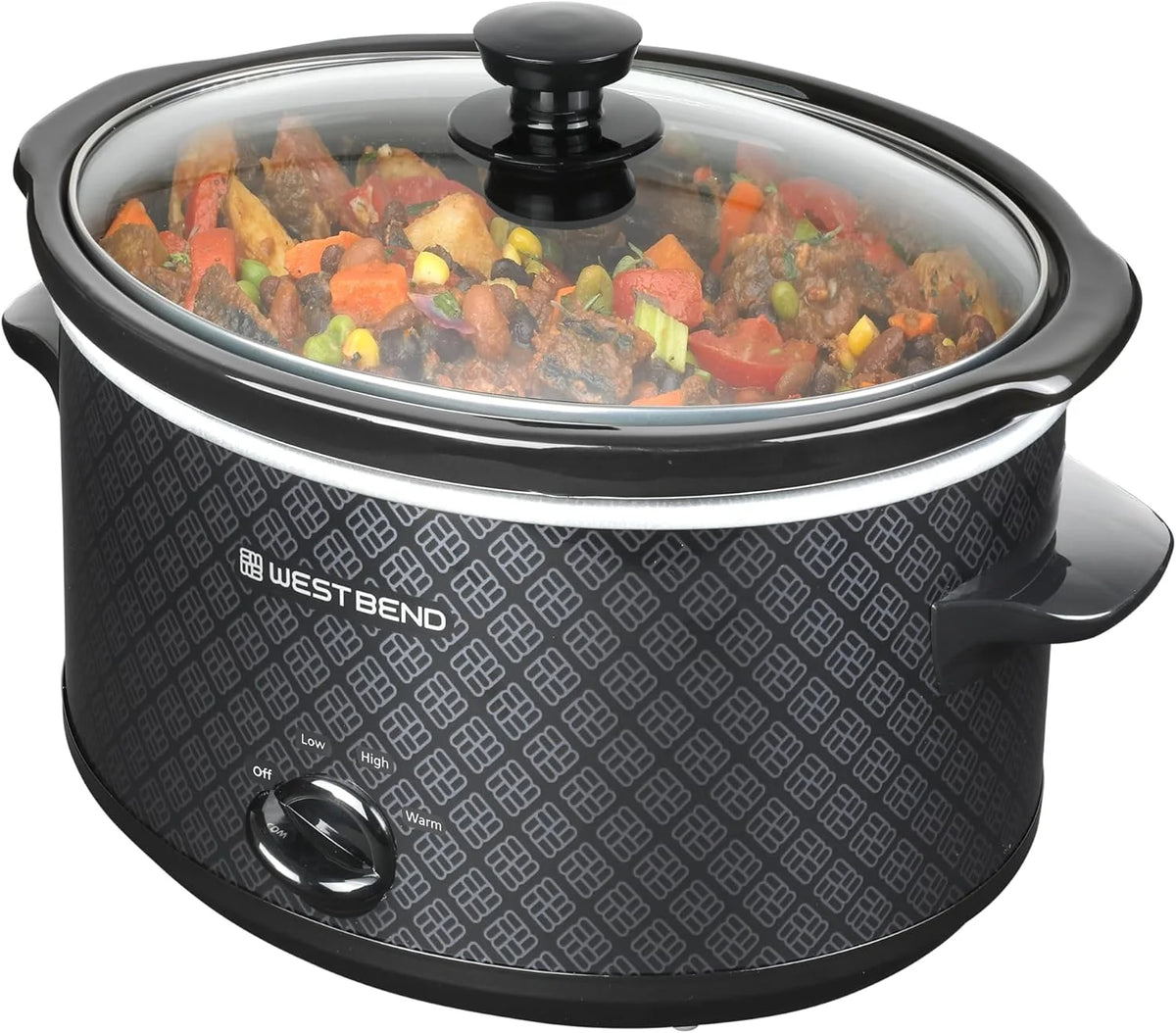 West Bend Slow Cooker 4-Quart Manual Crockery Style with Dishwasher Safe Oval Ceramic Crockpot and Glass Lid Two Temperature Settings Plus Keep Warm, 210-Watts, Black